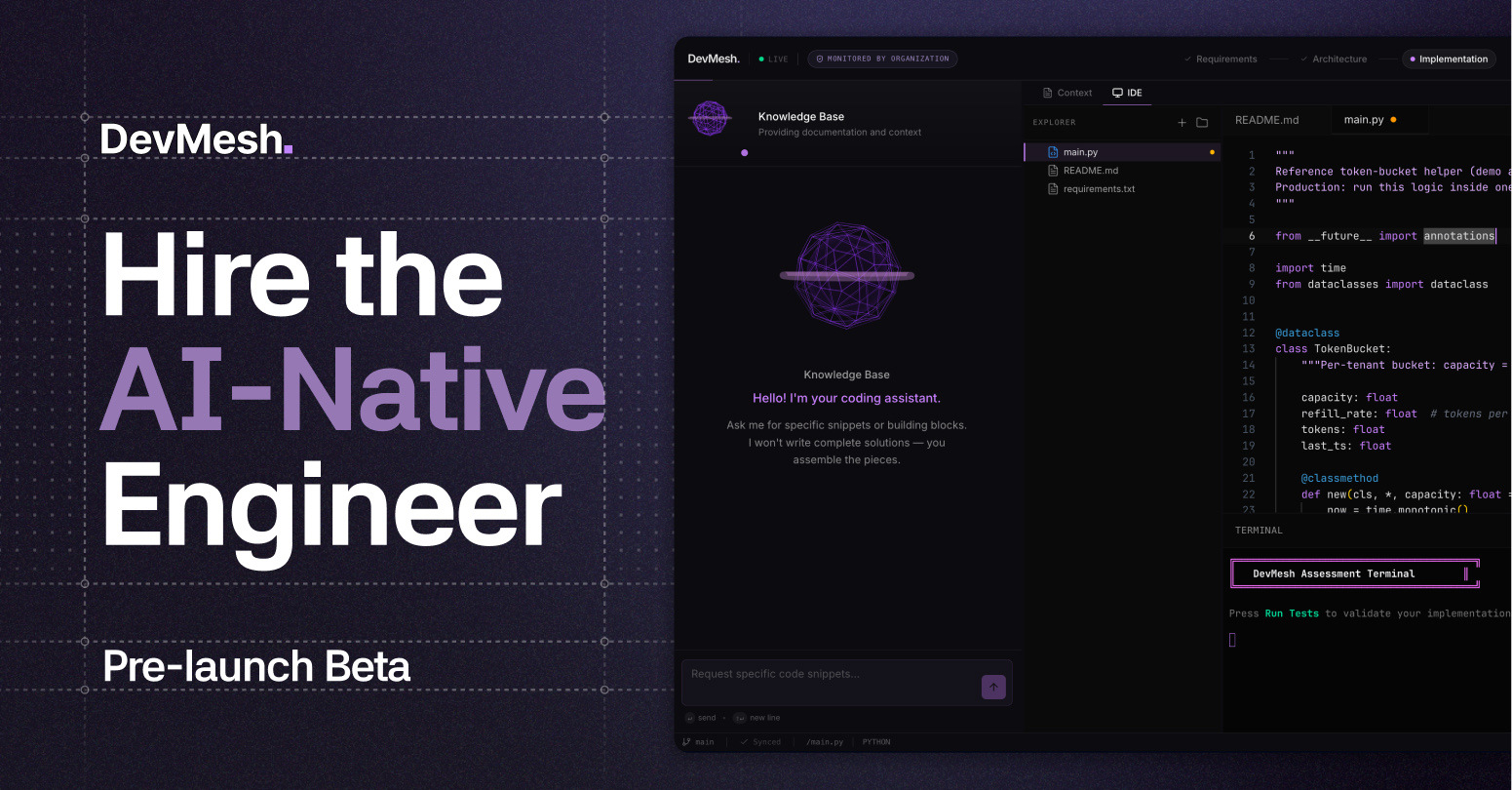 DevMesh product graphic reading 'Hire the AI-Native Engineer', beside a screenshot of the DevMesh assessment workspace with a knowledge-base assistant panel and a live code editor.
