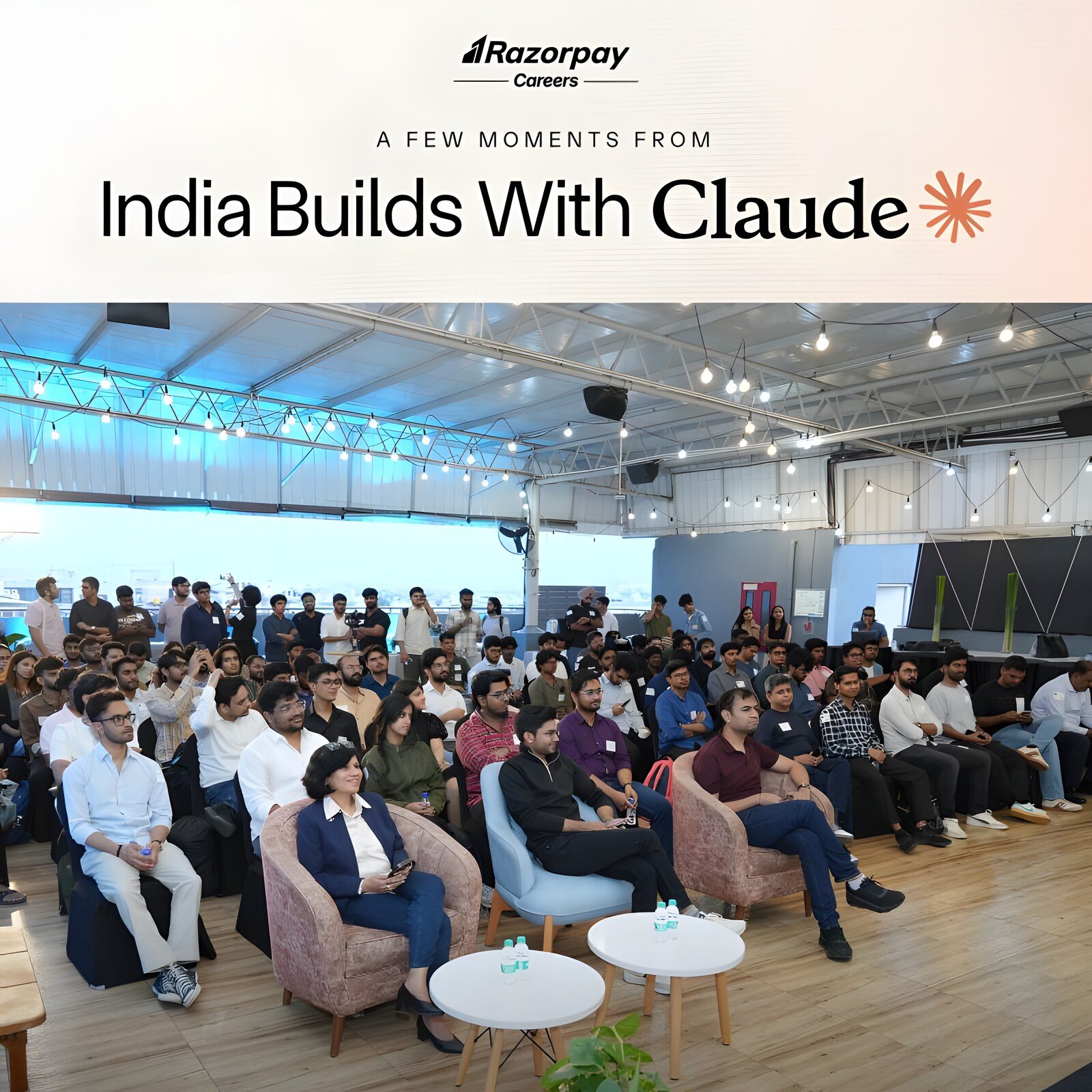 Event banner reading 'A few moments from India Builds With Claude' above a photo of a full audience seated at the showcase.