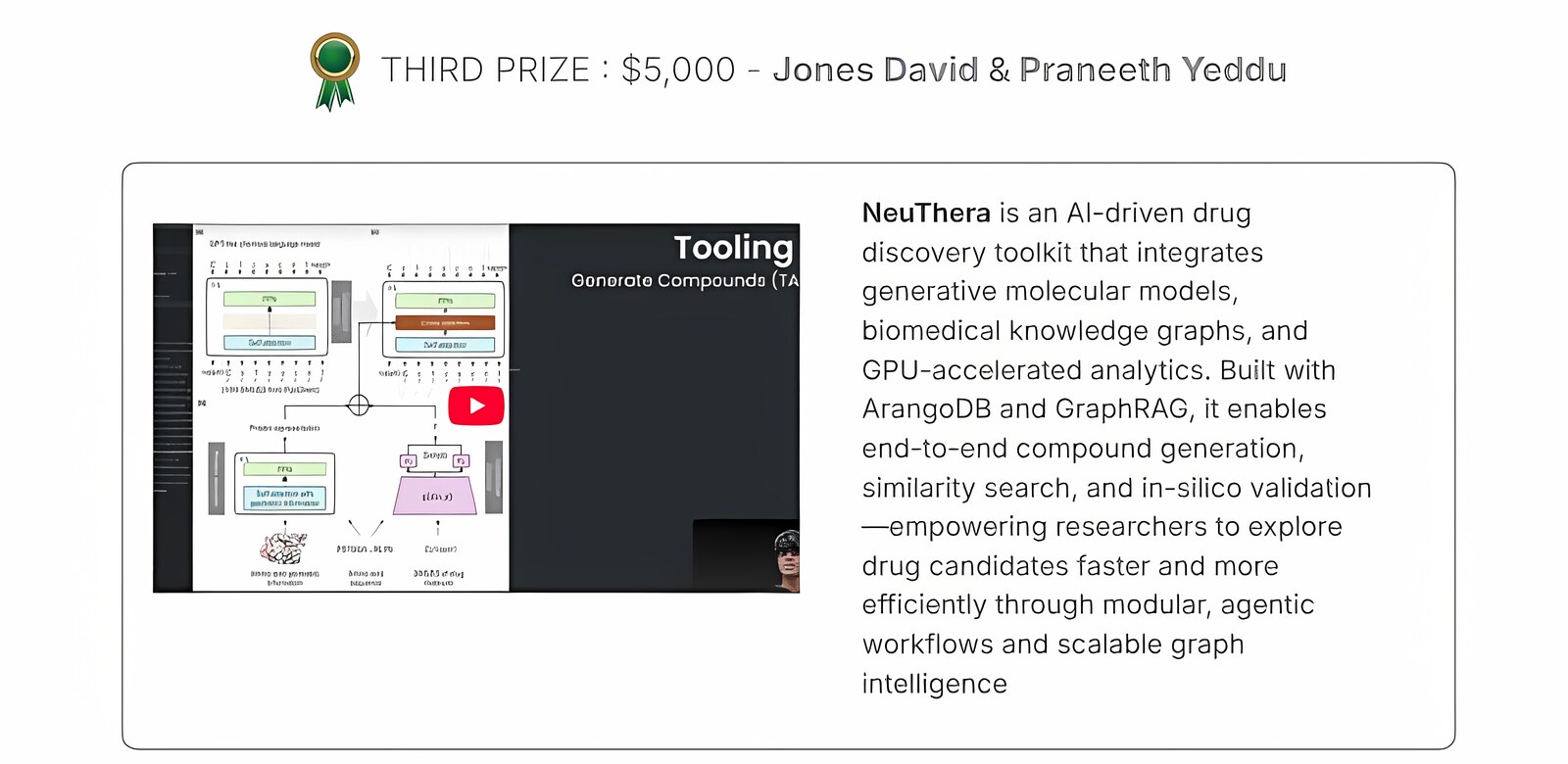 A third-prize ribbon reading 'THIRD PRIZE: $5,000' above a description of NeuThera as an AI-driven drug discovery toolkit built with ArangoDB and GraphRAG.
